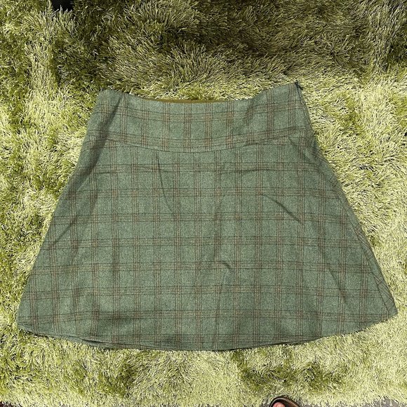 Vintage Green & Brown Plaid Wool Skater Mini Skirt | Size XL** - Picture 1 of 4